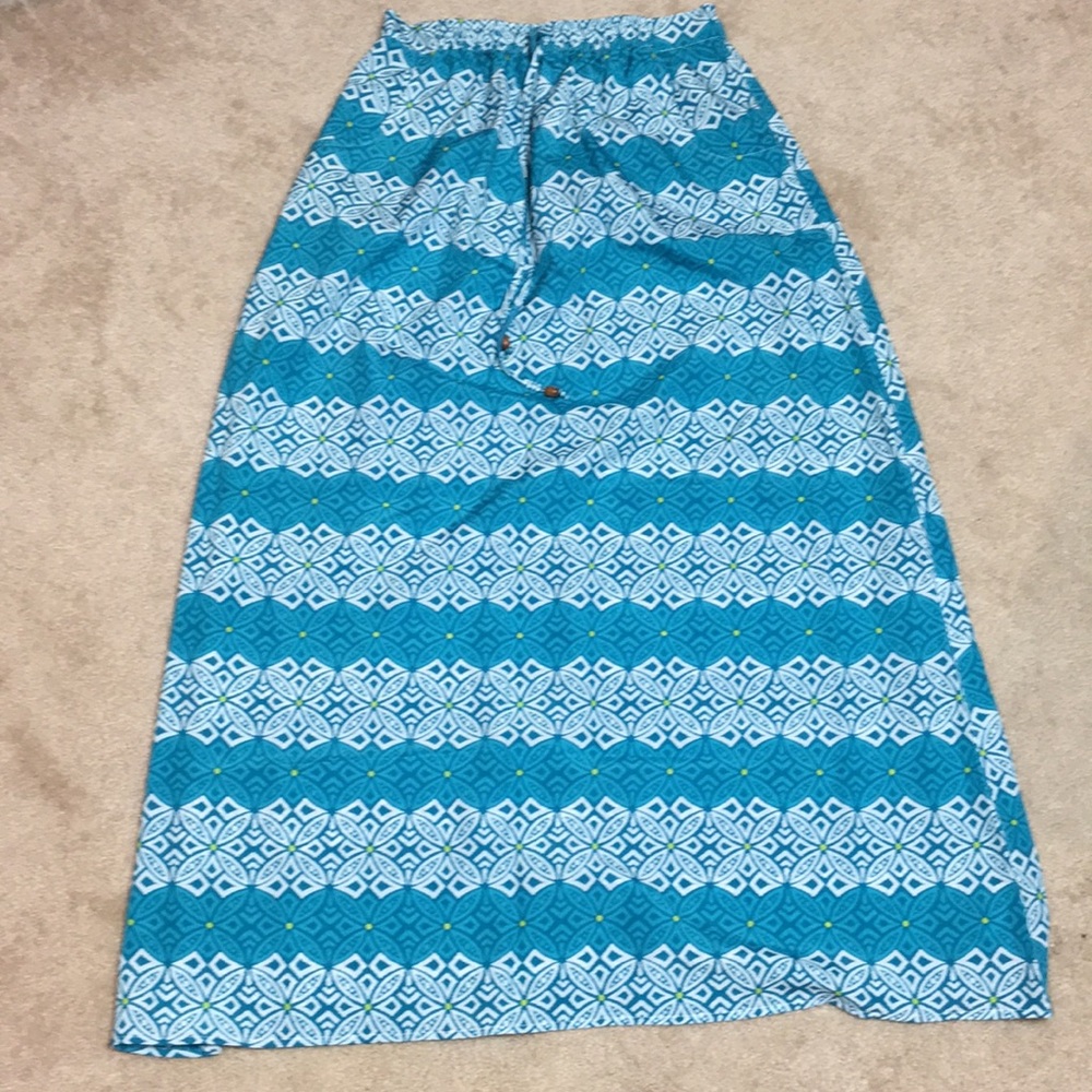 Long bright blue tropical style maxi skirt